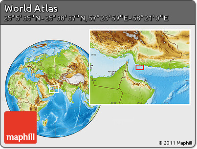Physical Location Map of the Area around 25° 22' 6" N, 57° 52' 30" E