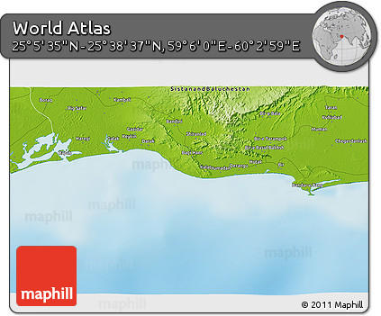 Physical 3D Map of the Area around 25° 22' 6" N, 59° 34' 30" E