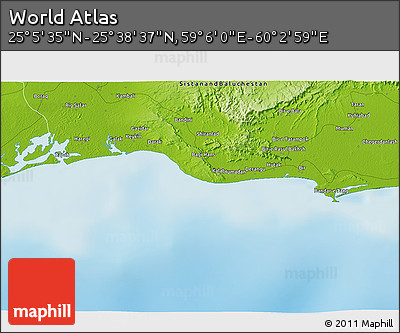 Physical 3D Map of the Area around 25° 22' 6" N, 59° 34' 30" E