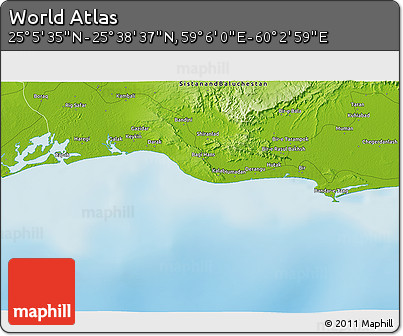 Physical 3D Map of the Area around 25° 22' 6" N, 59° 34' 30" E