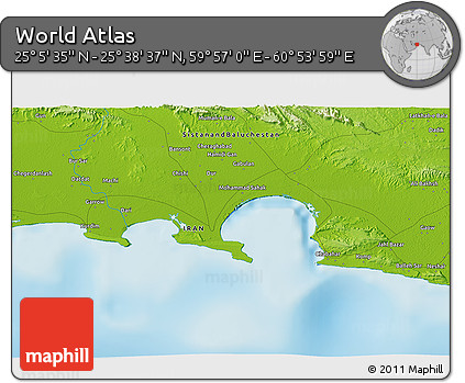 Physical 3D Map of the Area around 25° 22' 6" N, 60° 25' 29" E