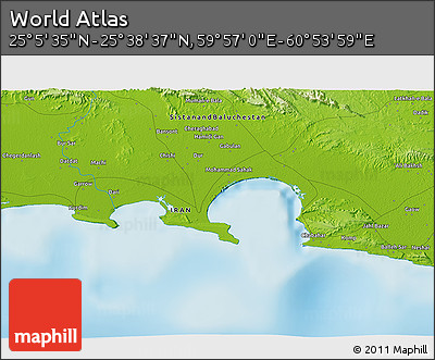 Physical 3D Map of the Area around 25° 22' 6" N, 60° 25' 29" E