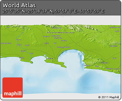 Physical 3D Map of the Area around 25° 22' 6" N, 60° 25' 29" E