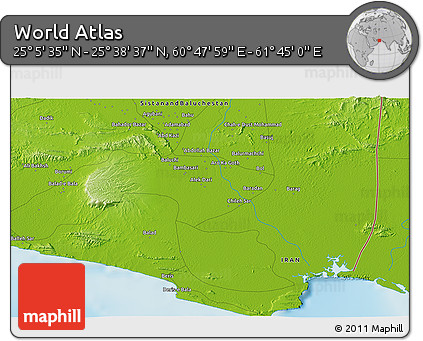 Physical 3D Map of the Area around 25° 22' 6" N, 61° 16' 29" E