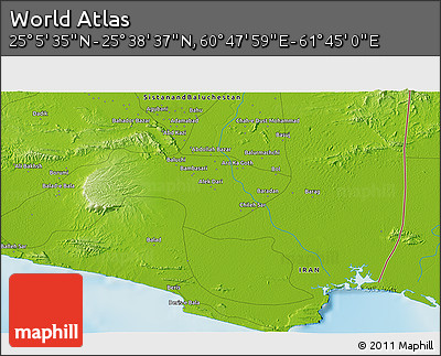 Physical 3D Map of the Area around 25° 22' 6" N, 61° 16' 29" E