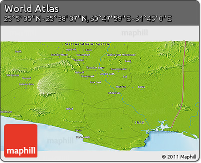 Physical 3D Map of the Area around 25° 22' 6" N, 61° 16' 29" E