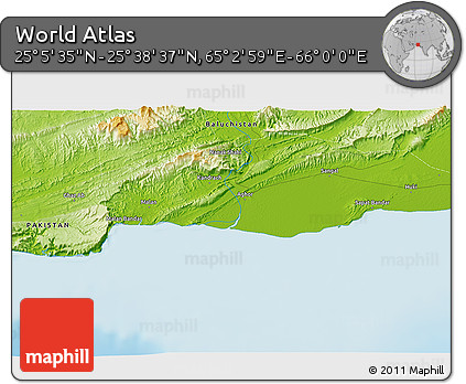 Physical 3D Map of the Area around 25° 22' 6" N, 65° 31' 30" E