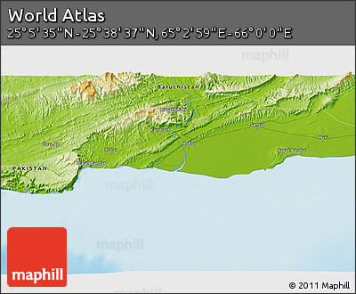 Physical 3D Map of the Area around 25° 22' 6" N, 65° 31' 30" E