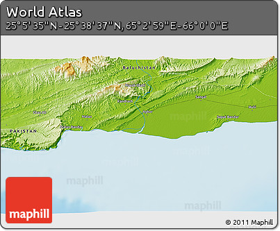 Physical 3D Map of the Area around 25° 22' 6" N, 65° 31' 30" E