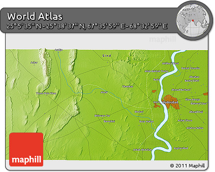 Physical 3D Map of the Area around 25° 22' 6" N, 68° 4' 29" E