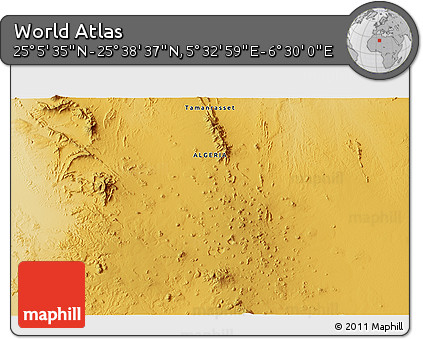 Physical 3D Map of the Area around 25° 22' 6" N, 6° 1' 30" E