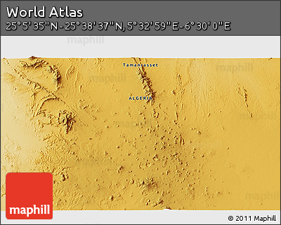 Physical 3D Map of the Area around 25° 22' 6" N, 6° 1' 30" E