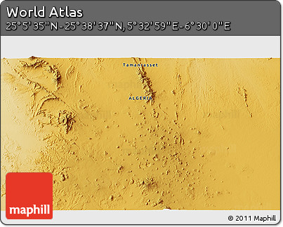 Physical 3D Map of the Area around 25° 22' 6" N, 6° 1' 30" E