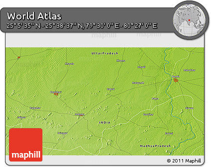 Physical 3D Map of the Area around 25° 22' 6" N, 79° 58' 29" E