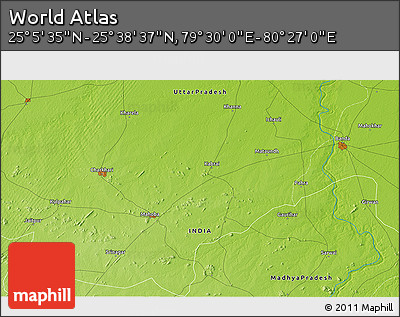 Physical 3D Map of the Area around 25° 22' 6" N, 79° 58' 29" E