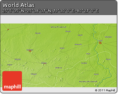 Physical 3D Map of the Area around 25° 22' 6" N, 79° 58' 29" E