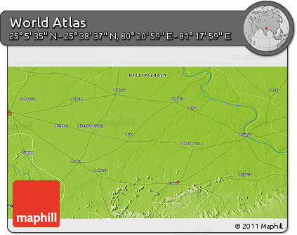 Physical 3D Map of the Area around 25° 22' 6" N, 80° 49' 29" E