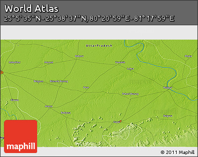Physical 3D Map of the Area around 25° 22' 6" N, 80° 49' 29" E