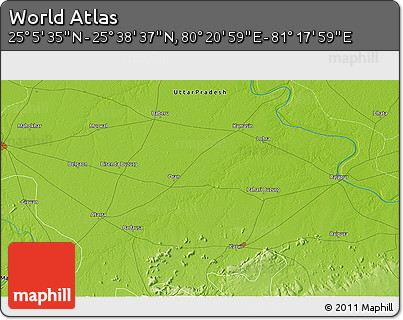 Physical 3D Map of the Area around 25° 22' 6" N, 80° 49' 29" E