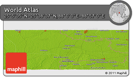 Physical Panoramic Map of the Area around 25° 22' 6" N, 88° 28' 29" E