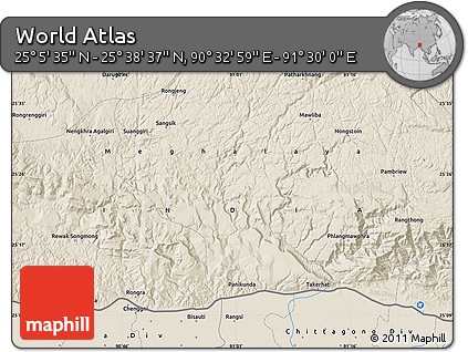 Shaded Relief Map of the Area around 25° 22' 6" N, 91° 1' 30" E