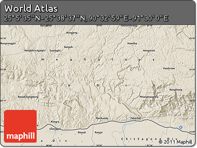 Shaded Relief Map of the Area around 25° 22' 6" N, 91° 1' 30" E