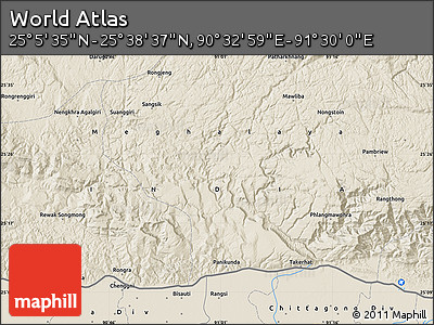 Shaded Relief Map of the Area around 25° 22' 6" N, 91° 1' 30" E