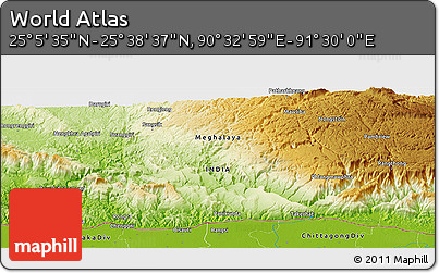 Physical Panoramic Map of the Area around 25° 22' 6" N, 91° 1' 30" E
