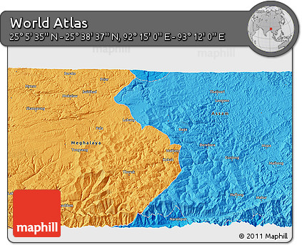Political 3D Map of the Area around 25° 22' 6" N, 92° 43' 29" E