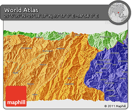 Political 3D Map of the Area around 25° 22' 6" N, 94° 25' 30" E