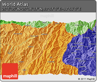 Political 3D Map of the Area around 25° 22' 6" N, 94° 25' 30" E