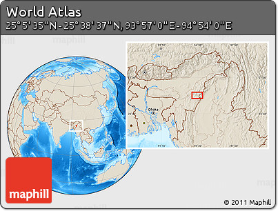 Shaded Relief Location Map of the Area around 25° 22' 6" N, 94° 25' 30" E