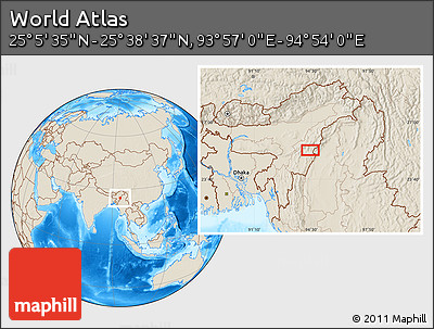 Shaded Relief Location Map of the Area around 25° 22' 6" N, 94° 25' 30" E