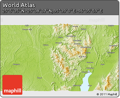 Physical 3D Map of the Area around 25° 22' 6" N, 96° 7' 30" E