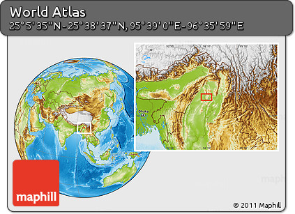 Physical Location Map of the Area around 25° 22' 6" N, 96° 7' 30" E