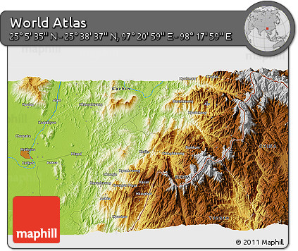 Physical 3D Map of the Area around 25° 22' 6" N, 97° 49' 29" E