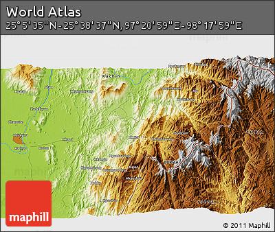 Physical 3D Map of the Area around 25° 22' 6" N, 97° 49' 29" E