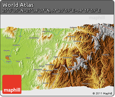 Physical 3D Map of the Area around 25° 22' 6" N, 97° 49' 29" E