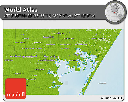 Physical 3D Map of the Area around 25° 22' 6" N, 97° 40' 30" W