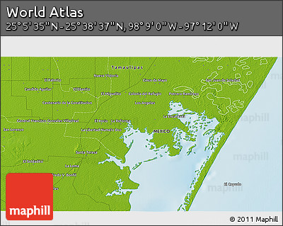 Physical 3D Map of the Area around 25° 22' 6" N, 97° 40' 30" W