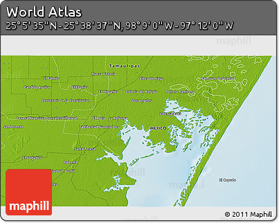 Physical 3D Map of the Area around 25° 22' 6" N, 97° 40' 30" W