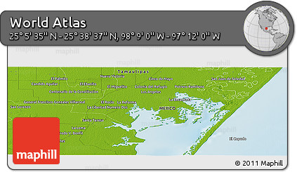 Physical Panoramic Map of the Area around 25° 22' 6" N, 97° 40' 30" W