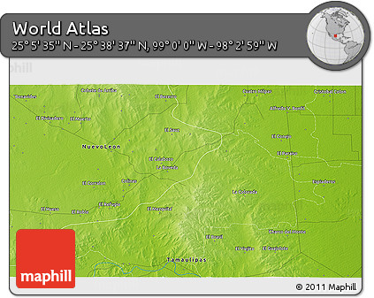 Physical 3D Map of the Area around 25° 22' 6" N, 98° 31' 30" W
