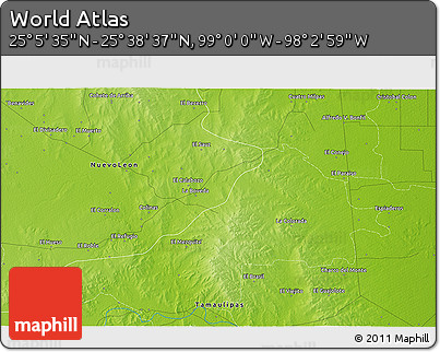 Physical 3D Map of the Area around 25° 22' 6" N, 98° 31' 30" W