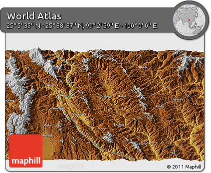 Physical 3D Map of the Area around 25° 22' 6" N, 99° 31' 30" E