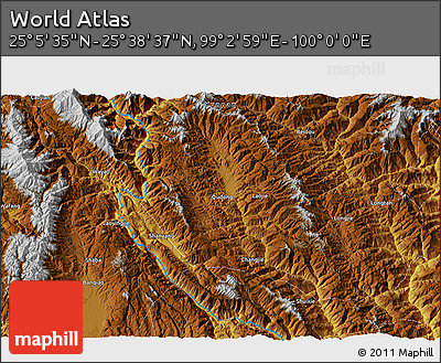 Physical 3D Map of the Area around 25° 22' 6" N, 99° 31' 30" E