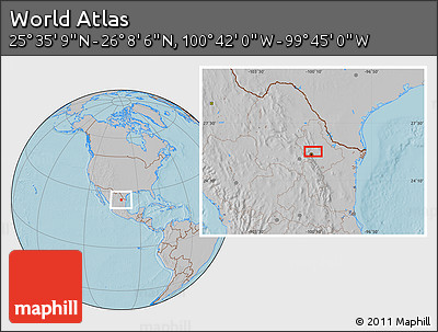 Gray Location Map of the Area around 25° 51' 37" N, 100° 13' 29" W, hill shading