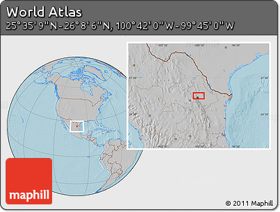 Gray Location Map of the Area around 25° 51' 37" N, 100° 13' 29" W, hill shading