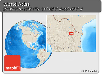 Shaded Relief Location Map of the Area around 25° 51' 37" N, 100° 13' 29" W