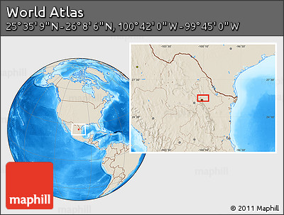 Shaded Relief Location Map of the Area around 25° 51' 37" N, 100° 13' 29" W